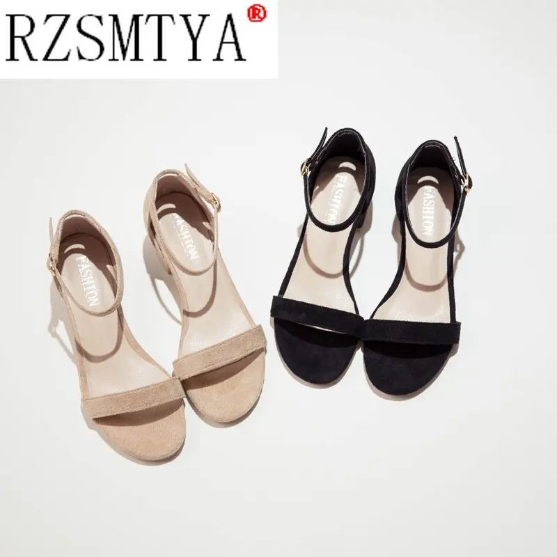 Flock Beige High Heels Sandalen Frauen 2020 Sommer Schuhe Frauen Mode Offene spitze Schnalle Sandalen Casual Quadratische Ferse Weiblichen Schuhe