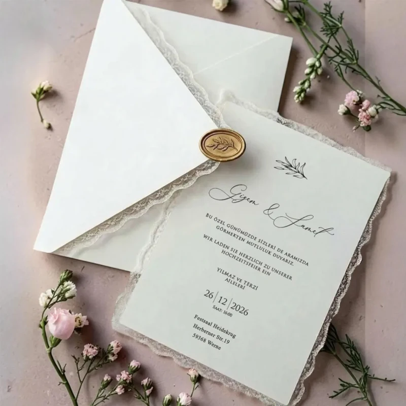 Spitzen-Hochzeitseinladung mit Wachssiegel, Elegante Braut-Einladungskarten, Individuelle Einladungskarten mit Umschlag Hochzeitsgeschenke Image