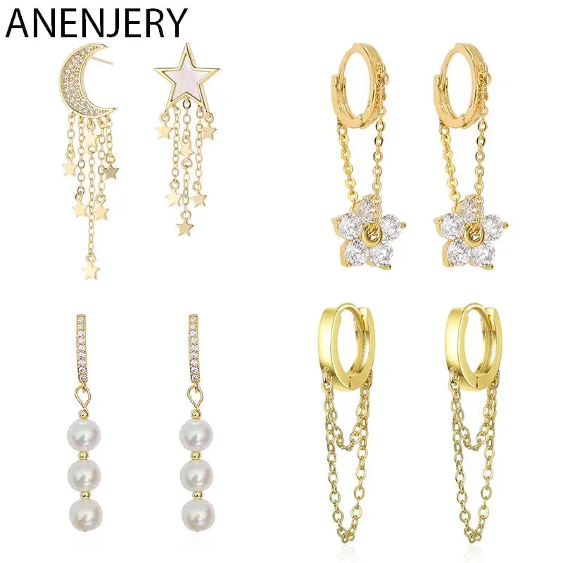 ANENJERY Asymmetrische Mond Sterne Blume Quaste Kette Ohrringe Weibliche Zarte Persönlichkeit Gold Farbe Partei Schmuck Geschenk Großhandel Image