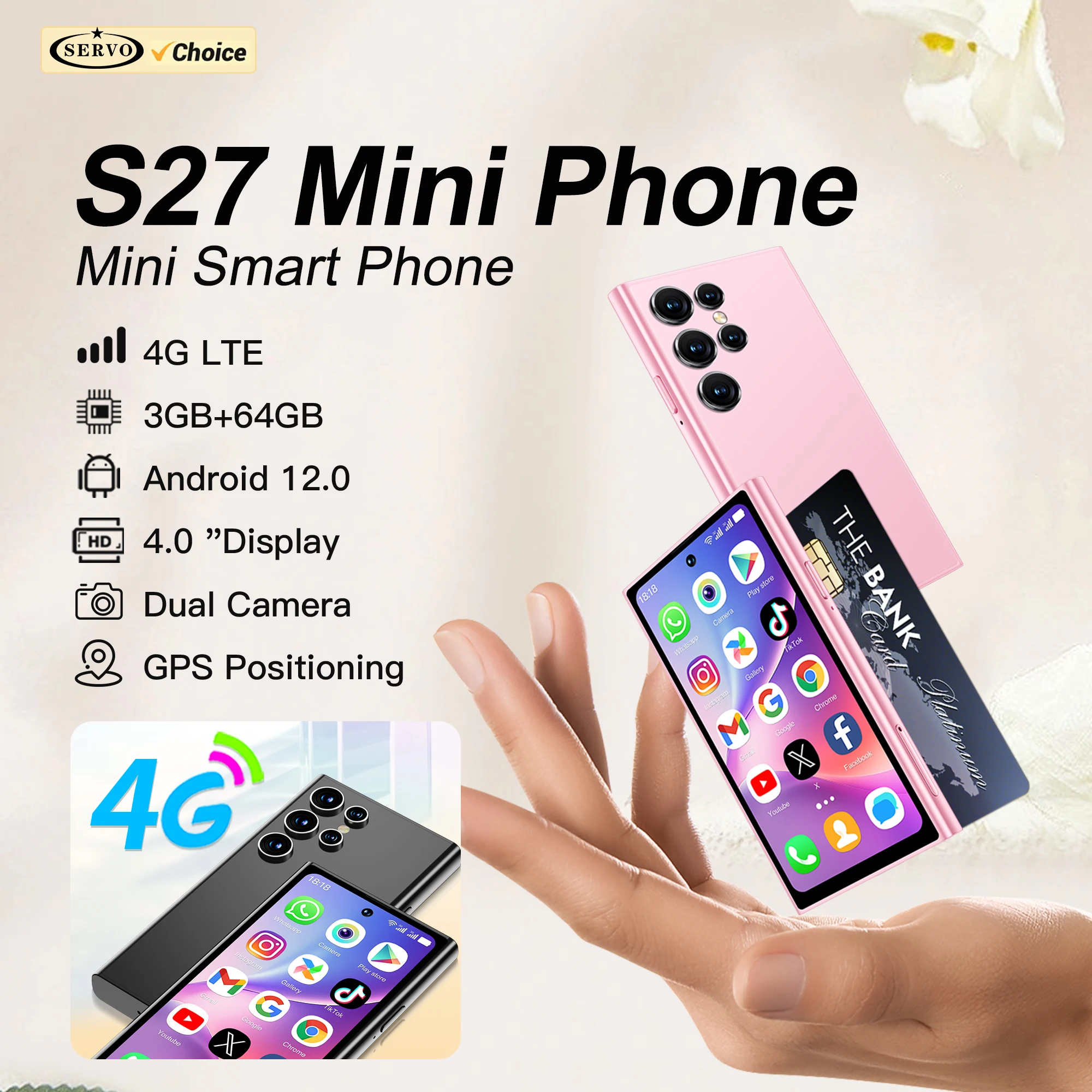 SERVO S27 MINI 4G LTE Mini Smartphone Android12 OS 3GB+64GB Google Play Face Unlock WiFi Hotspot Small Smart Phone 2 SIM Standby