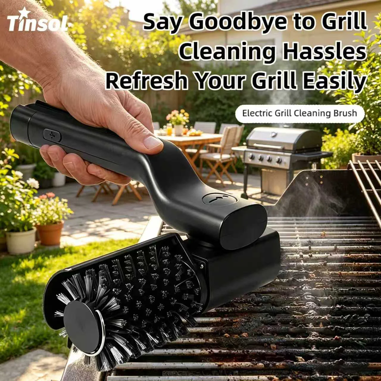 TINSOL Elektrische Grillreinigungsbürste, Kabellose Wiederaufladbare Drehbare Faltbare Hochleistungs-Ölreinigungsbürste für Grills Image