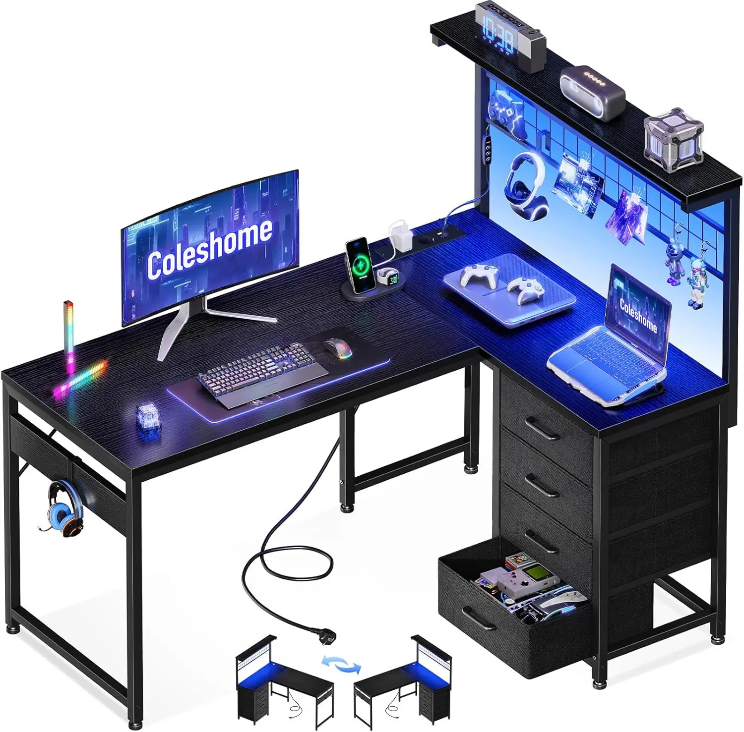 Coleshome L-förmiger Gaming-Schreibtisch mit 4 Schubladen, 130 x 100 cm, Gamer-Schreibtisch mit LED und Steckdosen, Eck-Schreibtisch, Gaming-Tisch mit Regal für Home-Office-Spiele, Schwarz Image