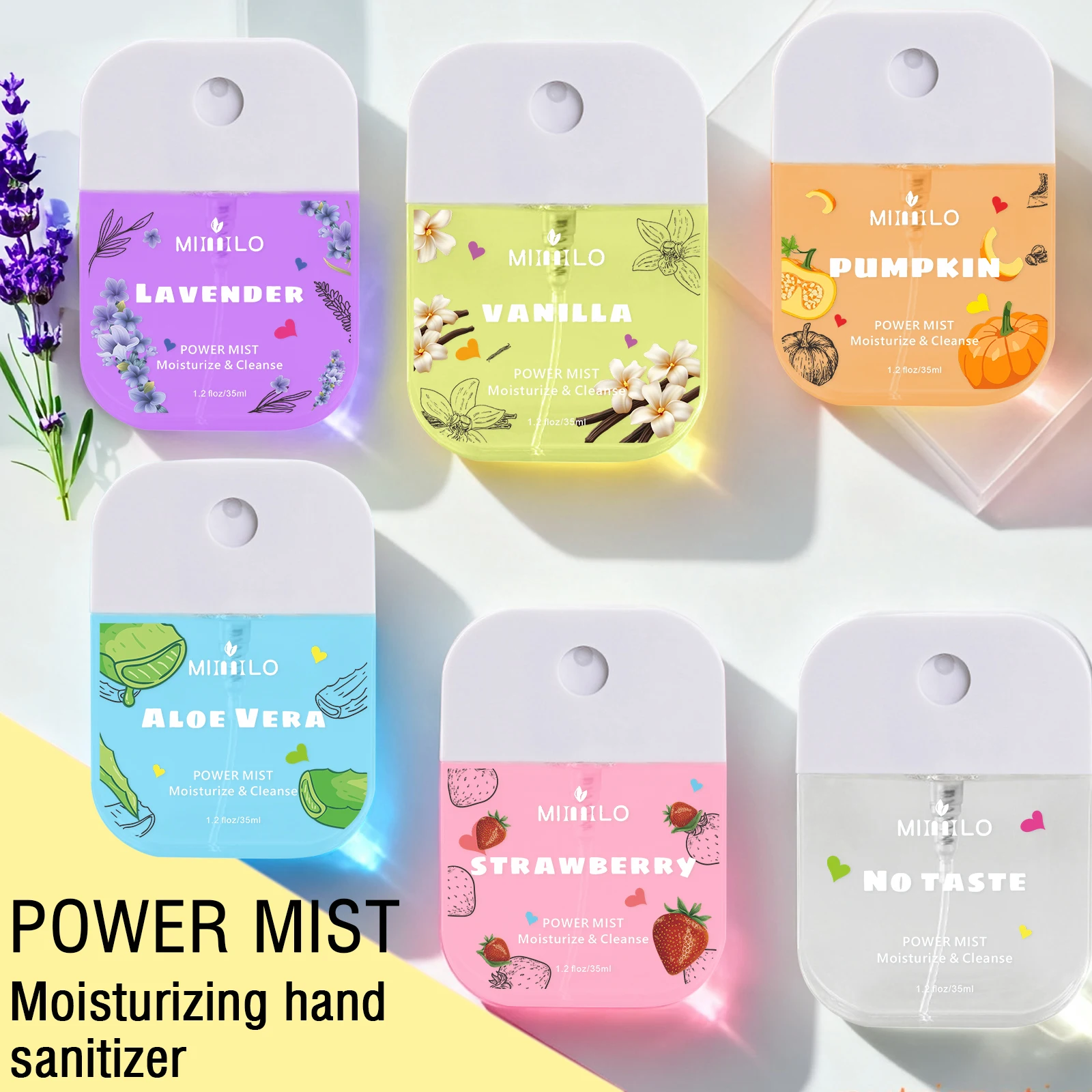 2 Stück-6 Geschmacksrichtungen Power Mist, feuchtigkeitsspendendes Händedesinfektionsspray, reinigt und feuchtigkeitsspendend für Outdoor-Reisen, tragbar. Image