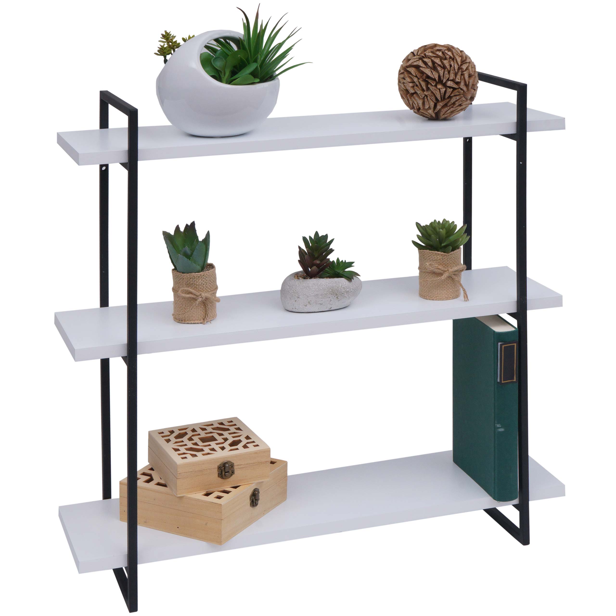 Wandregal HWC-K78, Hängeregal Schweberegal, 3 Regalböden Massiv-Holz Industrial 60x60x18cm ~ weiß, Metall schwarz - www.heute-wohnen.de