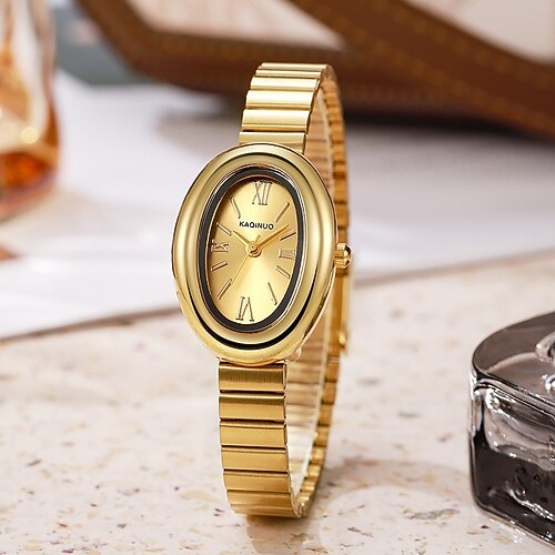 Goldene ovale Damenuhr, Vintage-Armbanduhr mit rotem Zifferblatt und römischen Ziffern, analogem Quarzwerk und dehnbarem Armband, elegante Retro-Armbanduhr für Damen Image