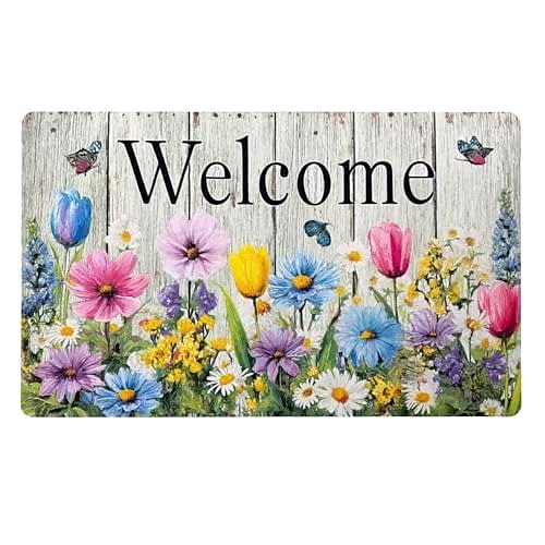 Fußmatte für Frühling und Sommer, geeignet für drinnen und draußen, flache Fußmatte für den Hauseingang, rutschfeste Gummirückseite, florales Muster Image