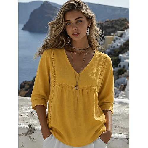 Damen Hemd Einfarbig Einfach Bohemien Urlaub Vintage V Ausschnitt Lange Oberteile Lässig Blau Khaki Schwarz Weiß Gelb Sommer Frühling Image