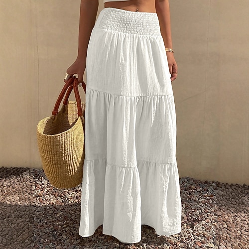 Damen Urlaubsrock Bohemien Maxi Hohe Taille Röcke Weiß Sommer Image