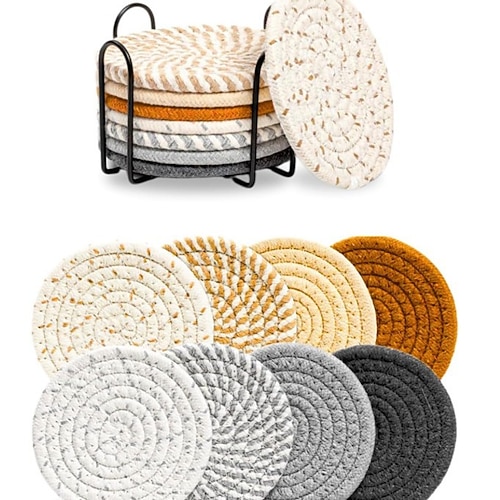 8 gewebte Baumwolluntersetzer für Getränke, saugfähige Untersetzer mit Halter, hitzebeständig bis 99 °C, 11,2 cm Durchmesser, Tassenuntersetzer für Tische, Couchtische und Schreibtische, weich Schutz Image