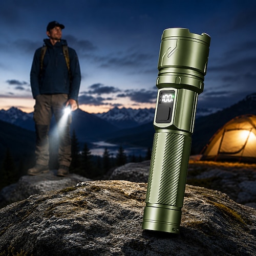 Wiederaufladbare Hochleistungs-Taschenlampe mit Seitenlicht, weiße Laser-LED-Taschenlampe aus Aluminiumlegierung, tragbare taktische Notleuchte mit Typ-C-Anschluss und Akkuanzeige für Camping, Wandern Image