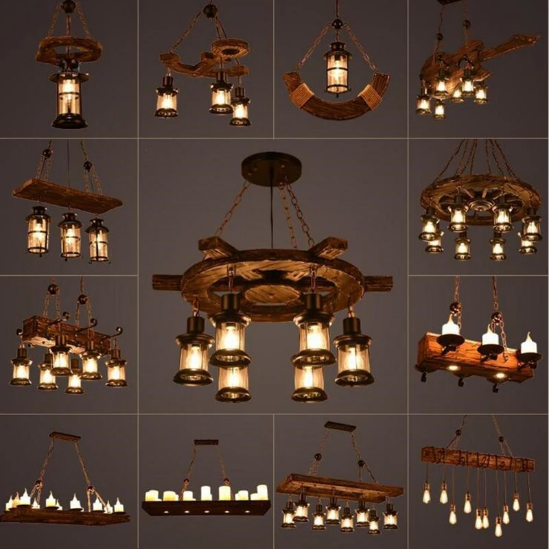 Retro Holz E27 LED Decken leuchte antike industrielle Kronleuchter Beleuchtung Loft Bar Leuchte Vintage Pendel leuchten Glanz