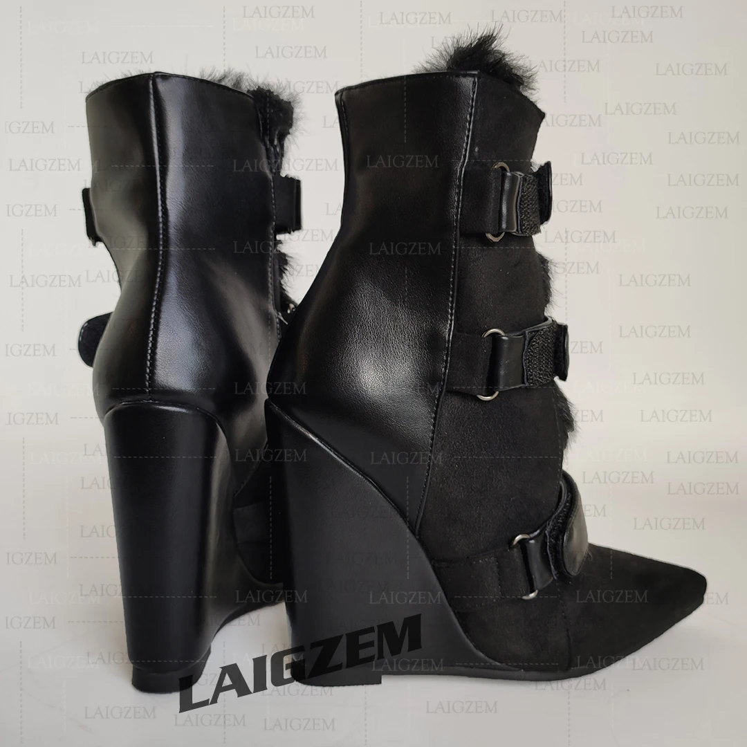 BERZIMER Stiefeletten Patchwork Kunstleder High Heels Spitz Keile Heels Kurze Booties Damen Schuhe Frau Große Größe 41 47
