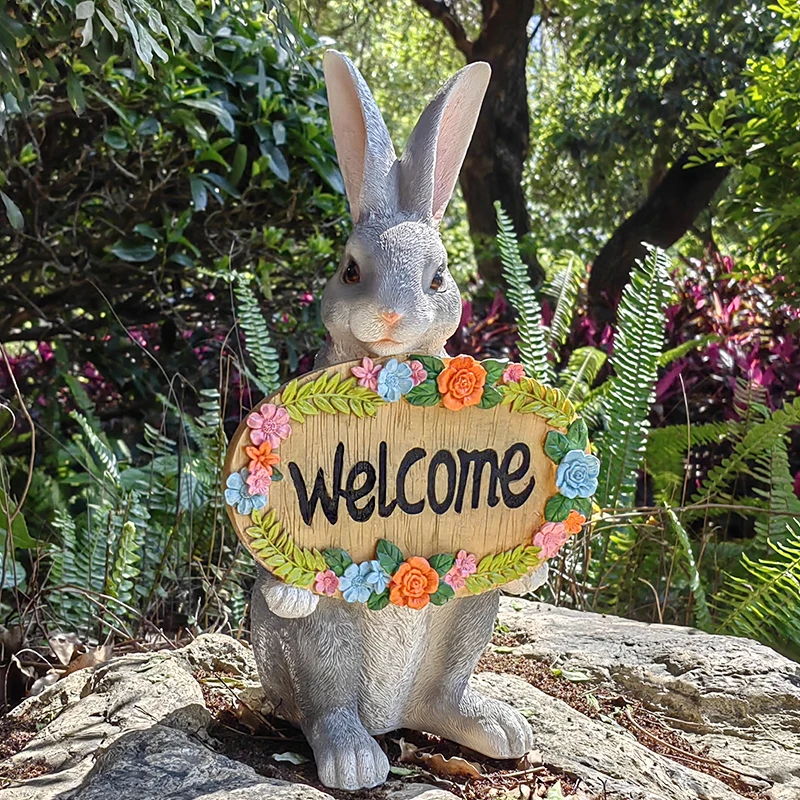 Panneau de bienvenue lapin mignon pour jardin, décoration extérieure résistante aux intempéries, statues de jardin pour maternelle, artisanat de décoration de jardin