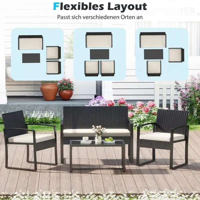 Rattan-Gartenmöbel-Set mit 2 Sesseln, Bank, Tisch und Sitzkissen, Outdoor-Lounge-Möbel, beige Image