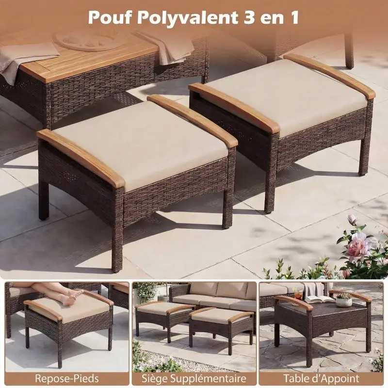 5-teiliges Rattan-Gartenmöbel-Set: 2 Sessel, 2 Hocker und Beistelltisch mit Akazienholzplatte und abnehmbaren Kissen, Braun