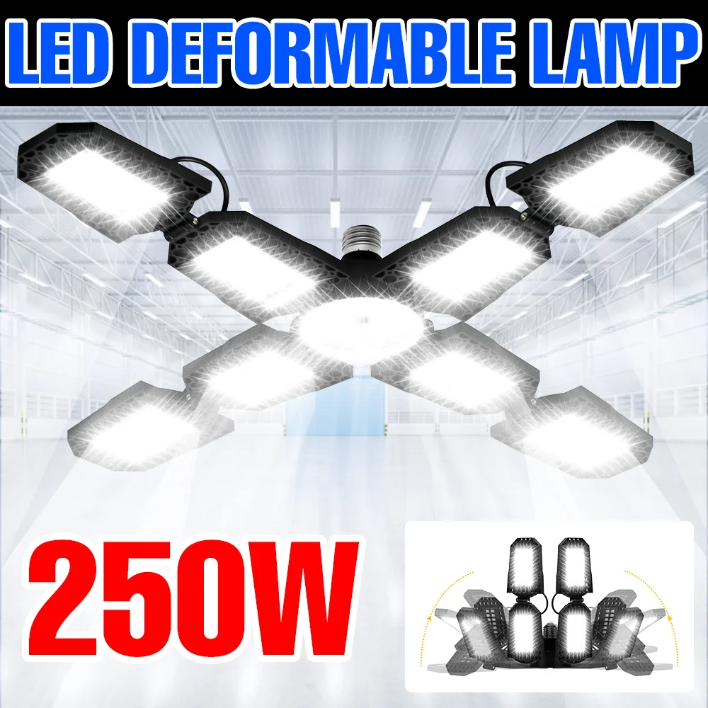 250 W LED-Garagenlampe, E27/E26, Glühbirne, AC 220 V, zusammenklappbar, verformbare Strahler, 110 V, für Zuhause, Scheune, Stadion, Werkstatt, Kellerbeleuchtung Image