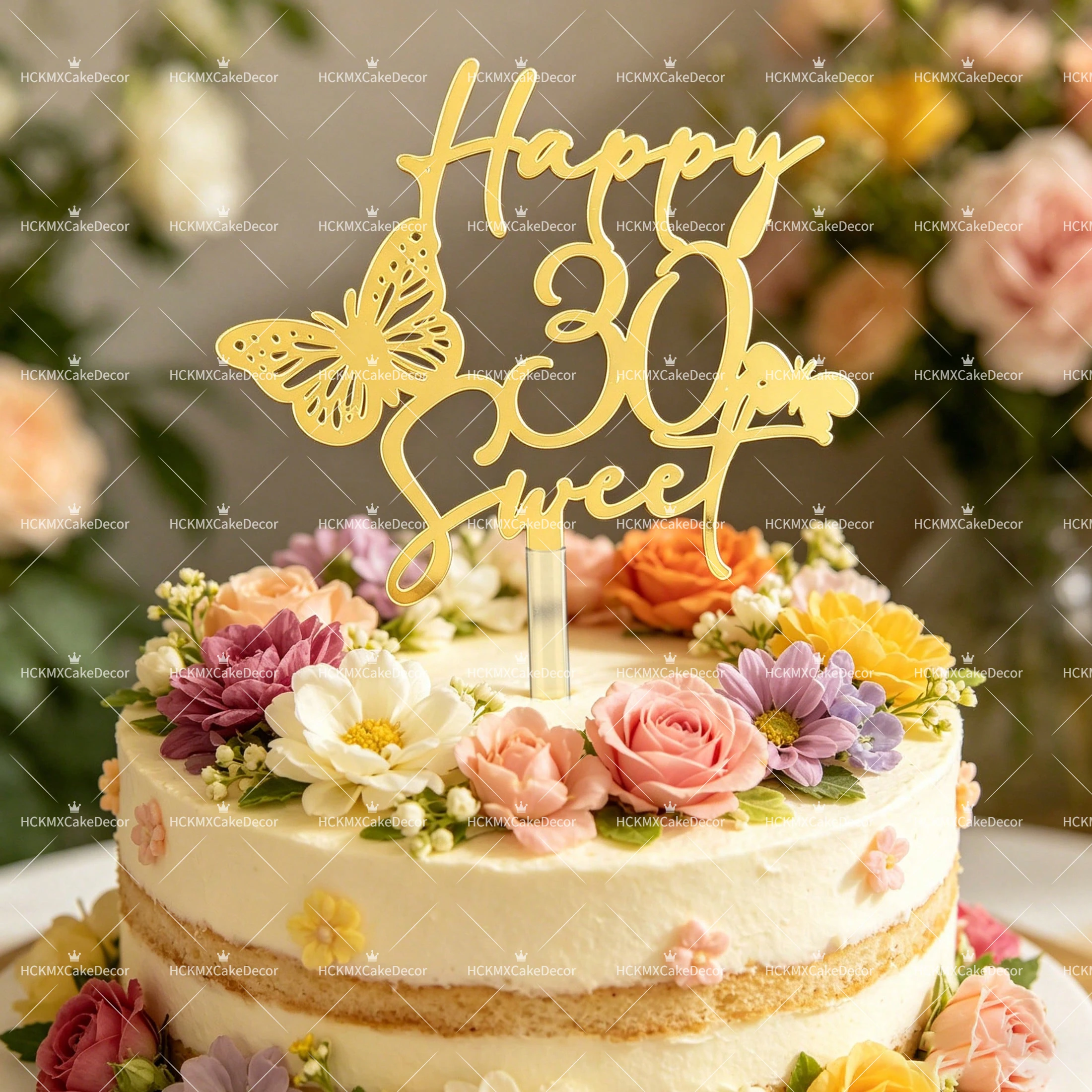Goldener 'Happy 18th 30th 40th' Süßer Acryl-Cake-Topper mit Schmetterling für Geburtstagstorten-Dekoration, Partyzubehör für Frauen Image