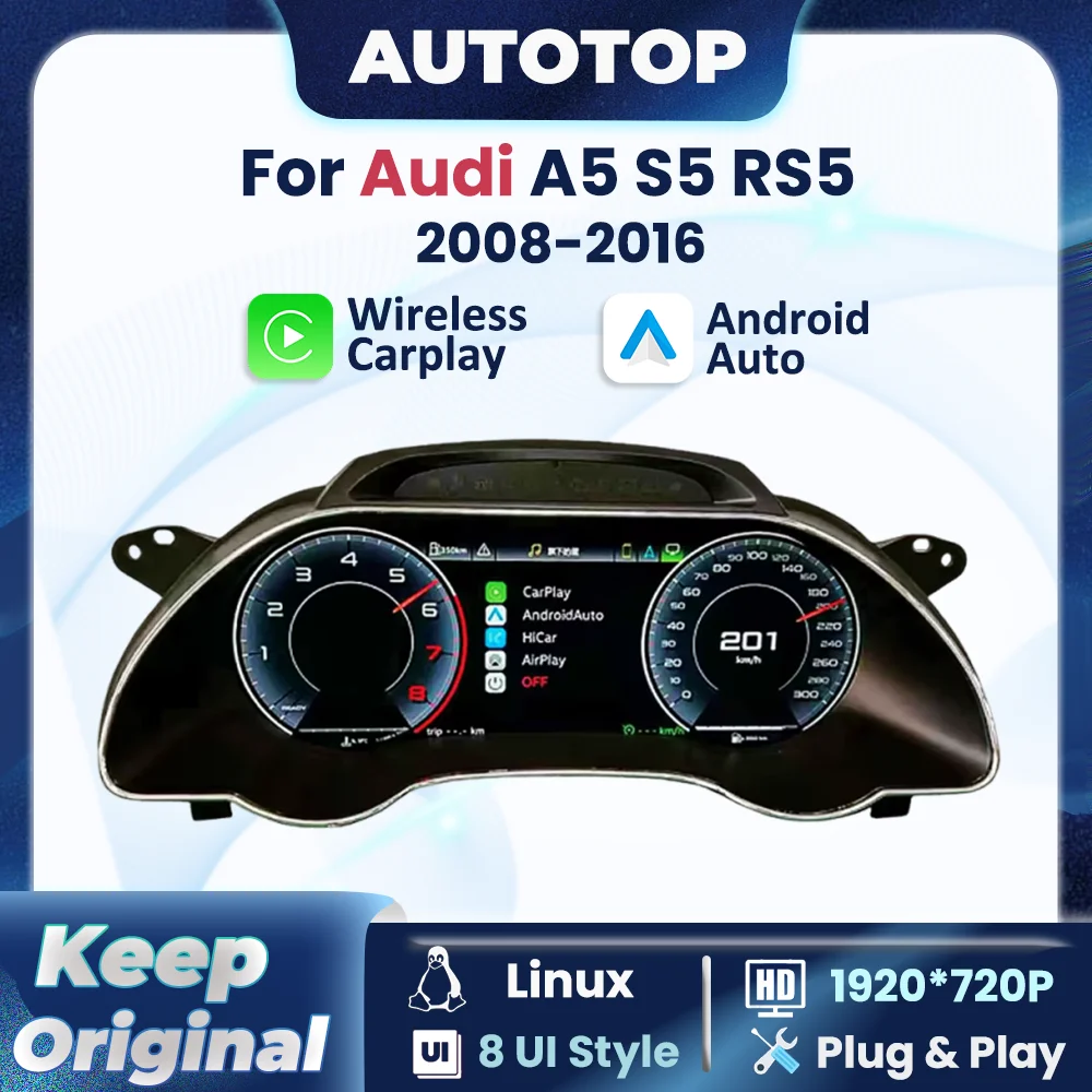 Cruscotto Digitale Linux da 12,3 Pollici con CarPlay Wireless e Android Auto per Audi A5 S5 RS5 2008-2016, Pannello Tachimetro, Cockpit Virtuale, Quadro Strumenti