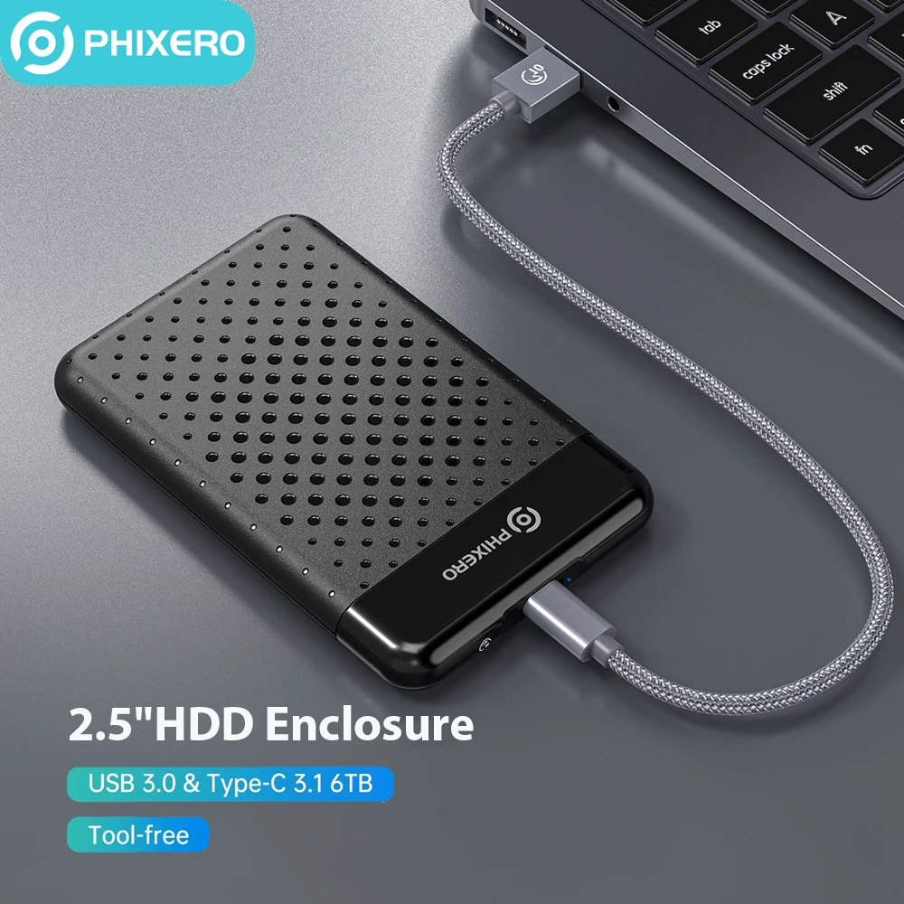 PHIXERO 2,5 Zoll SATA HDD Gehäuse SSD Festplatte Externes Gehäuse USB 3.0 Typ-C 6 Gbit/s 7 mm 9,5 mm Festplattenspeicherbox für PC Laptop Image