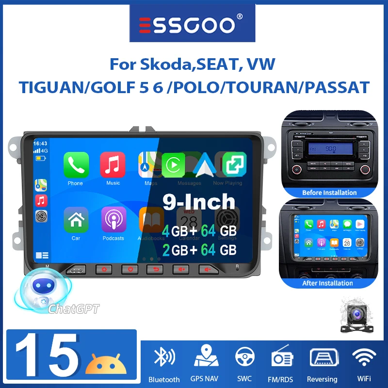 ESSGOO 9" Android15 4+64G 2+64G für Skoda SEAT VW Passat T5 Golf Polo Tiguan Touran Eos Vento Autoradio kabelloses CarPlay Android Auto GPS RDS FM WLAN Bluetooth KI Stimme Mirror Link Lenkradsteuerung Image
