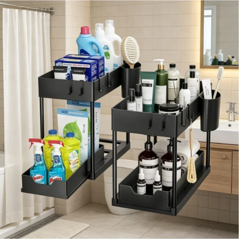 2-teiliger Unterschrank-Organizer, 2-stufiger Ausziehkorb für Küche und Bad mit Haken und Tassenhalter