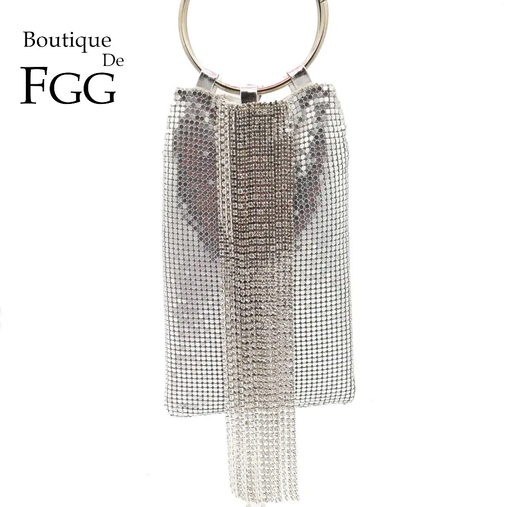 Boutique De FGG Dazzling Silver Crystal Clutch Geldbörse Quaste Damen Aluminium Abendhandtasche Cocktail Party Wristlets Clutch Handtasche Image