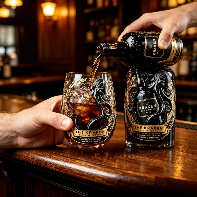 Kraken Black Spiced Rum Whiskeyglas, Oktopus-Print Rocks-Glas, Bleifreier Klarglas-Tumbler für Cocktails Image