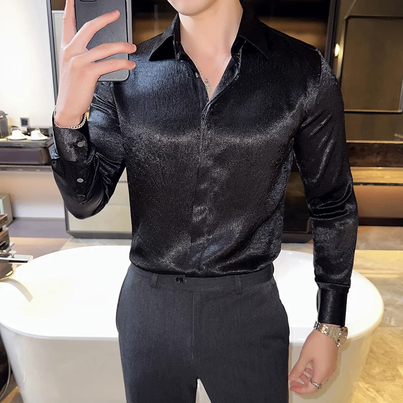 Hohe Qualität Glänzend Anti-Falten Shirts Für Männer Koreanische Luxus Slim Fit Mode V-ausschnitt Social Party Hemd Große größe Smoking 4XL-M
