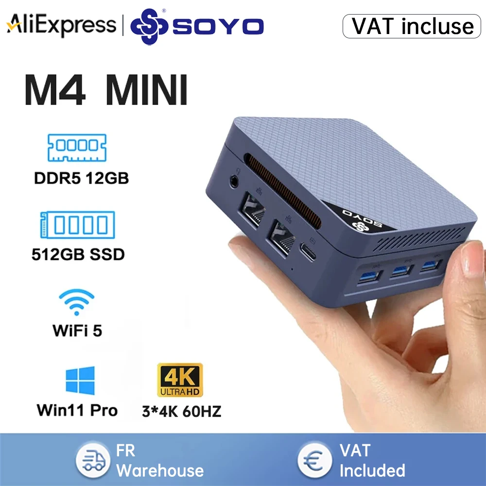 SOYO M4 MINI Mini-PC Intel Twin Lake N150 Prozessor (bis zu 3,6 GHz) LPDDR5 12 GB RAM 512 GB ROM Windows 11 Pro WiFi 5 BT5.2 Mini-Computer für Home Office und leichtes Gaming
