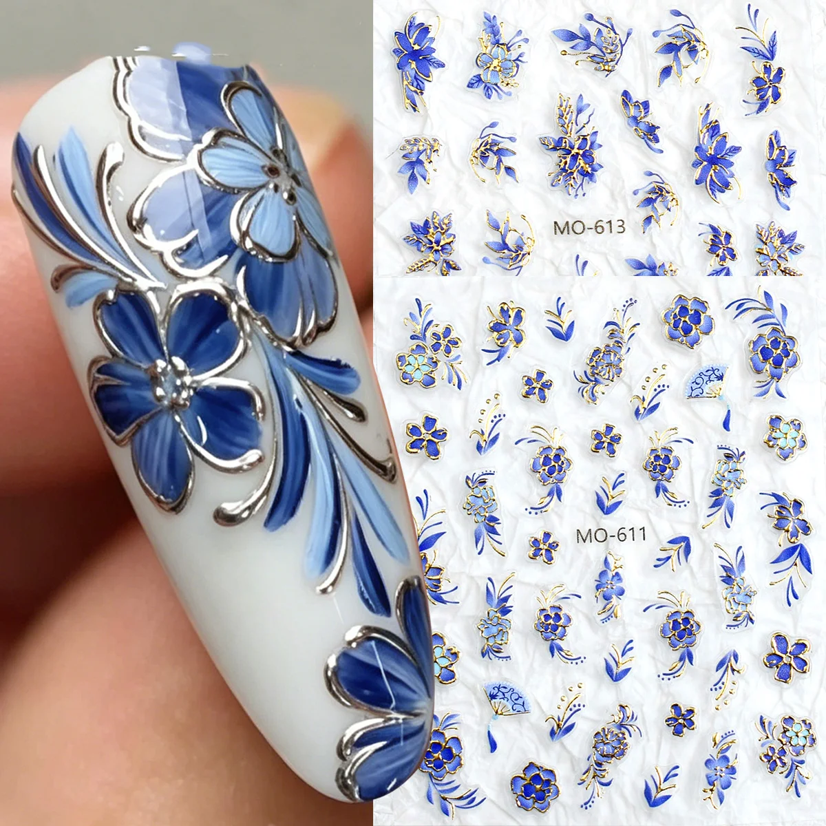 3D Blumen-Nagelaufkleber - Frühlingsblaues Blumendesign für Strukturierte Nagelkunst, Selbstklebende Chinesische Blau-Weiße Luxus-Stil Nageldekoration Image