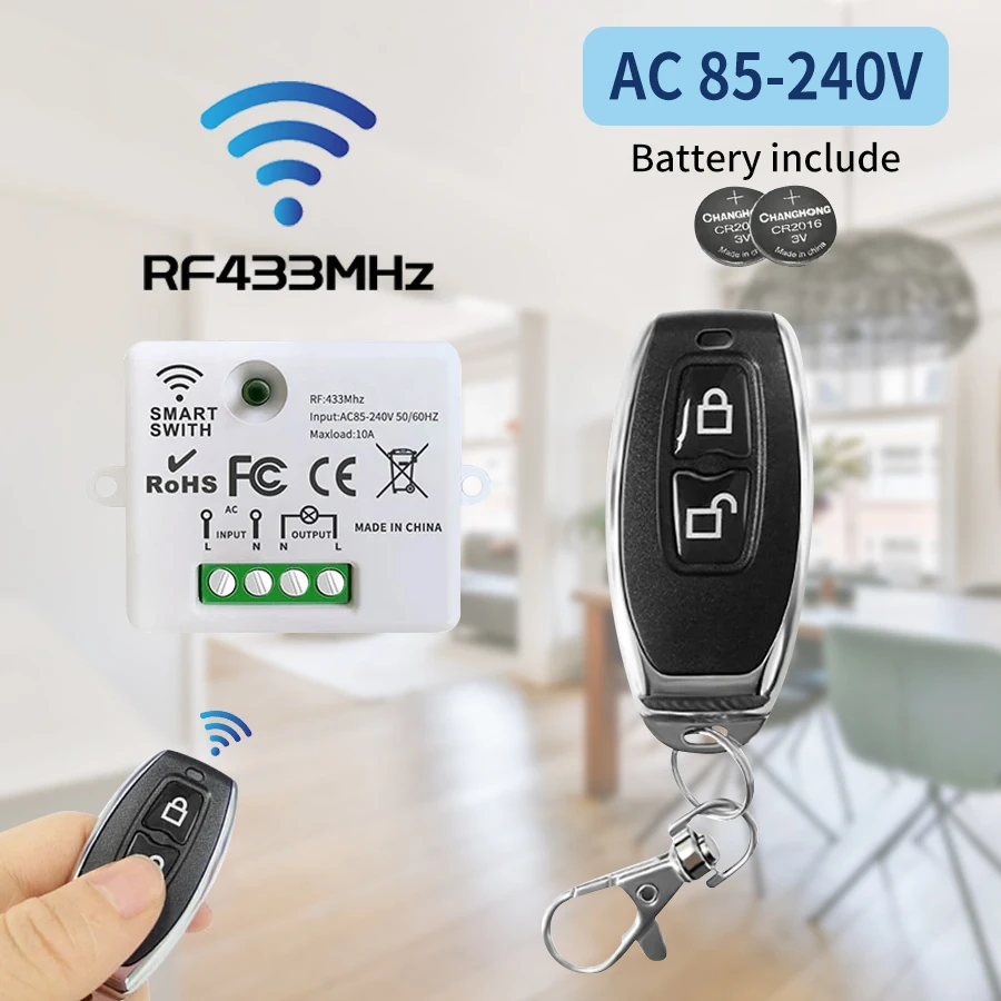 433 MHz Drahtlose Fernbedienung Licht Schalter AC 220 V 10A Ein Aus Fernbedienung Sender Wand Panel Schalter Für beleuchtung Led Image