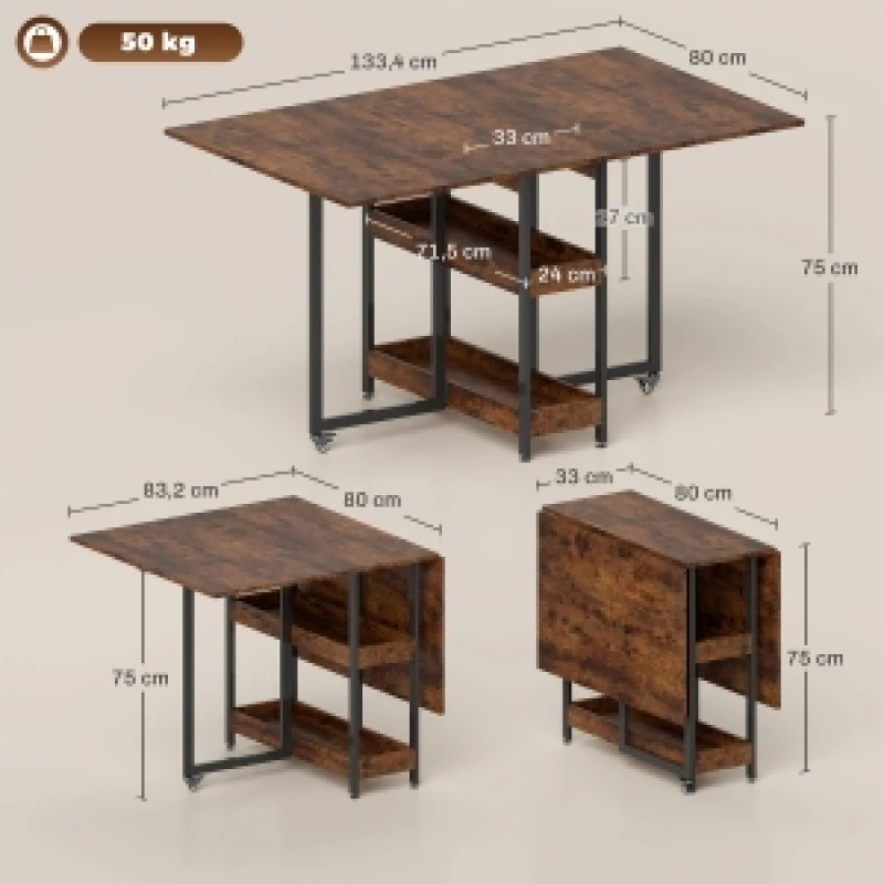 Klappbarer Esstisch für 2-4 Personen mit 2 offenen Ablagen, mobiler Esstisch, Klapptisch für kleine Räume, Esszimmer, Küche, 133,4 x 80 x 75 cm, Rustikal-Braun, leicht zu reinigen, modernes Design