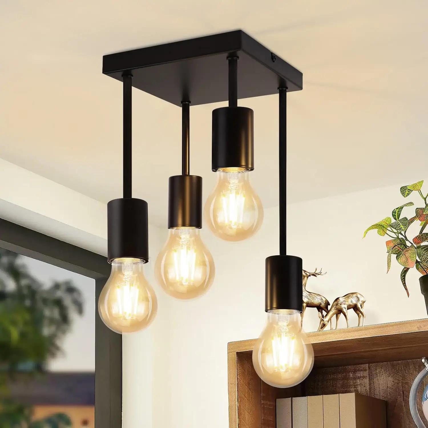 Deckenleuchte Schwarz Deckenlampe Vintage - E27 Küchenlampe 4 Flammig Retro Metall Hängend Industrial Deckenspots für küche Flur Schlafzimmer Wohnzimmer Bar (ohne Leuchtmittel)