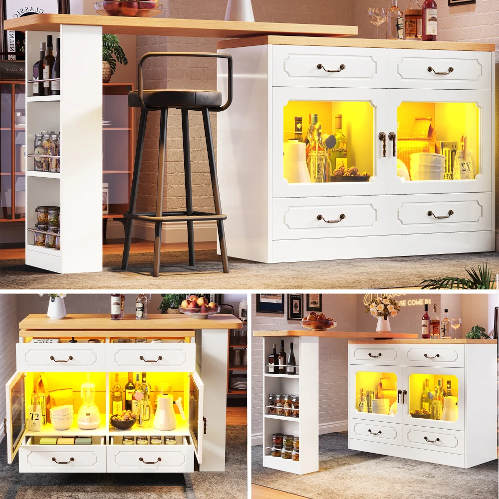 Ausziehbarer Bartisch mit Stauraum, 135–203 x 39 x 92,8 cm, um 360 Grad drehbarer Esstisch, Teleskop-Kücheninseltisch mit LED-Licht, weiß, multifunktionale Möbel für Schlafzimmer, Wohnzimmer,