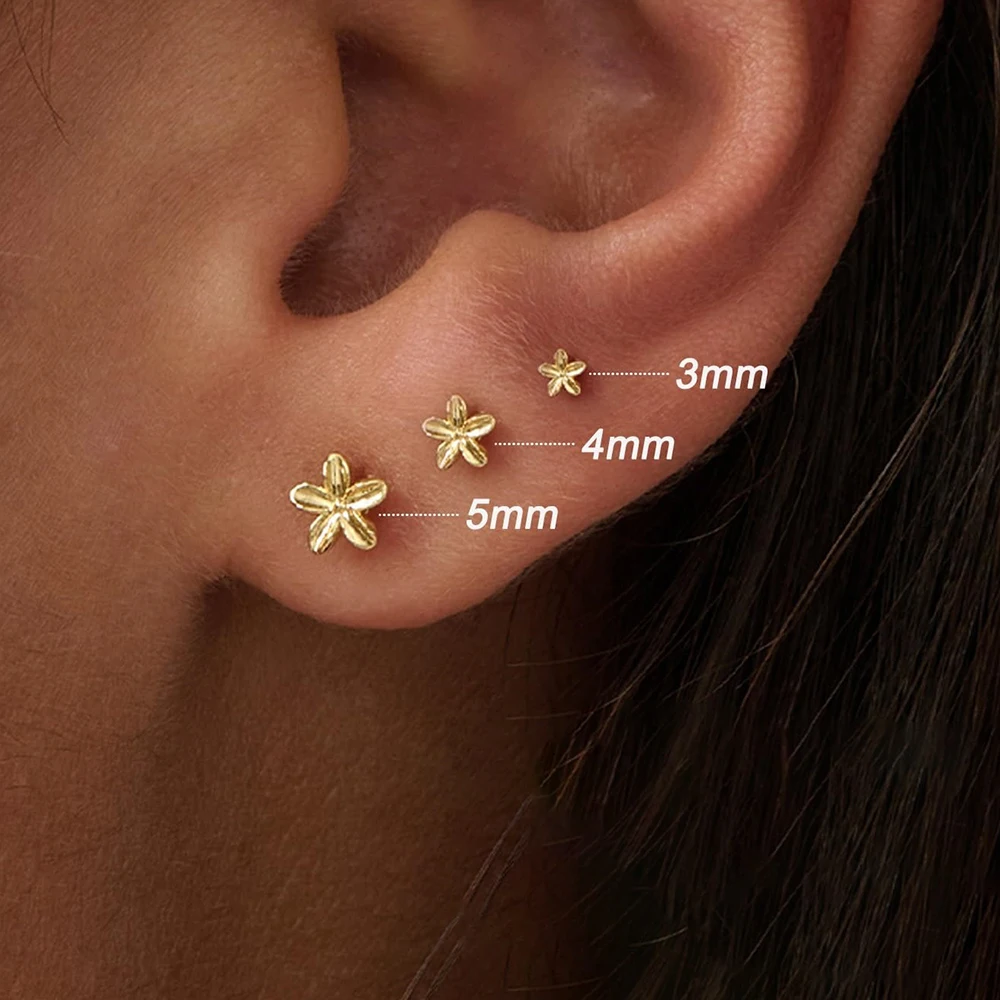 3PCS Licht Luxus 3/4/5mm 14K Gold Überzogene Blume Mode Stud Ohrringe Set für Frauen Edelstahl Knorpel Piercing Schmuck Image