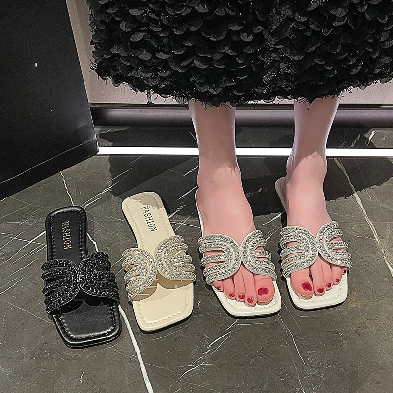 Sommerliche elegante Pantoletten mit eckiger Spitze, sexy niedrigem Absatz, modisch, meistverkauft, neu, bequem und leicht – Damenschuhe
