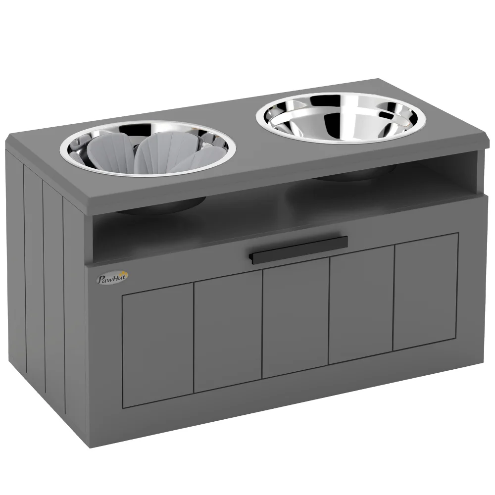 Booster Futterstation Hundenapf-Set mit zwei Edelstahlnäpfen, Anti-Schluck-Matte, Hundenapfständer mit 25 Liter Stauraum, Futter- und Wassernapf, geeignet für große und kleine Hunderassen, Grau.