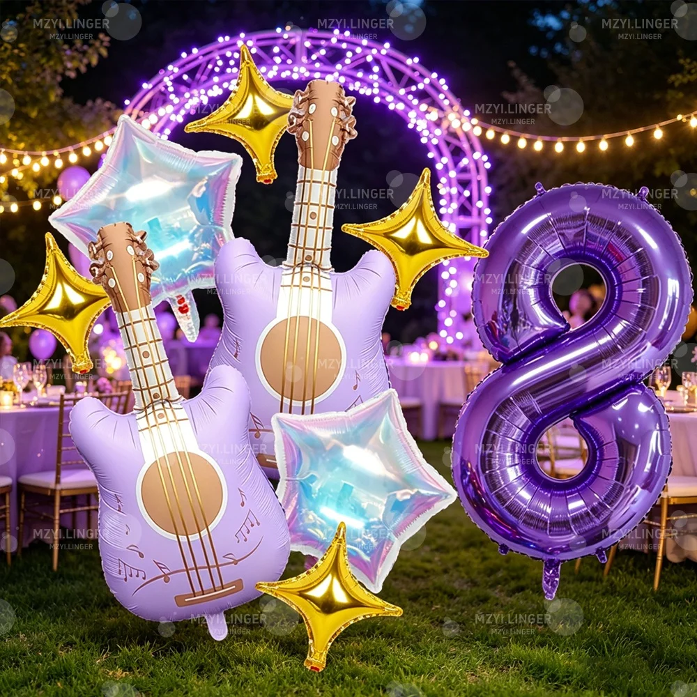 Lila Gitarren-Ballon-Set, lila 32-Zoll-Digitalballons 0-9 für lila Musik-Themen-Geburtstagsdekoration