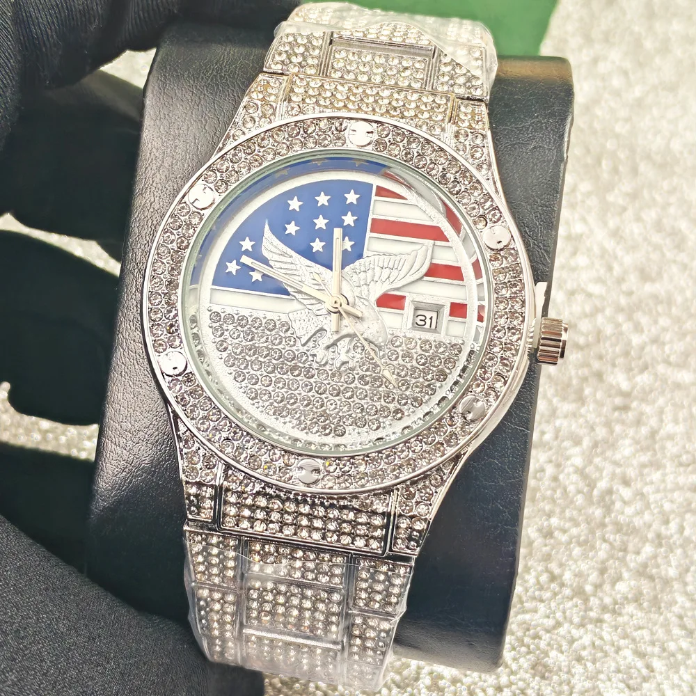 Hip-Hop Iced Out Bling Flag Eagle Quarzuhr Herren Hip-Hop Mode Zifferblatt Luxus Voll-Diamant Armbanduhren Mann AAA Uhren Reloj