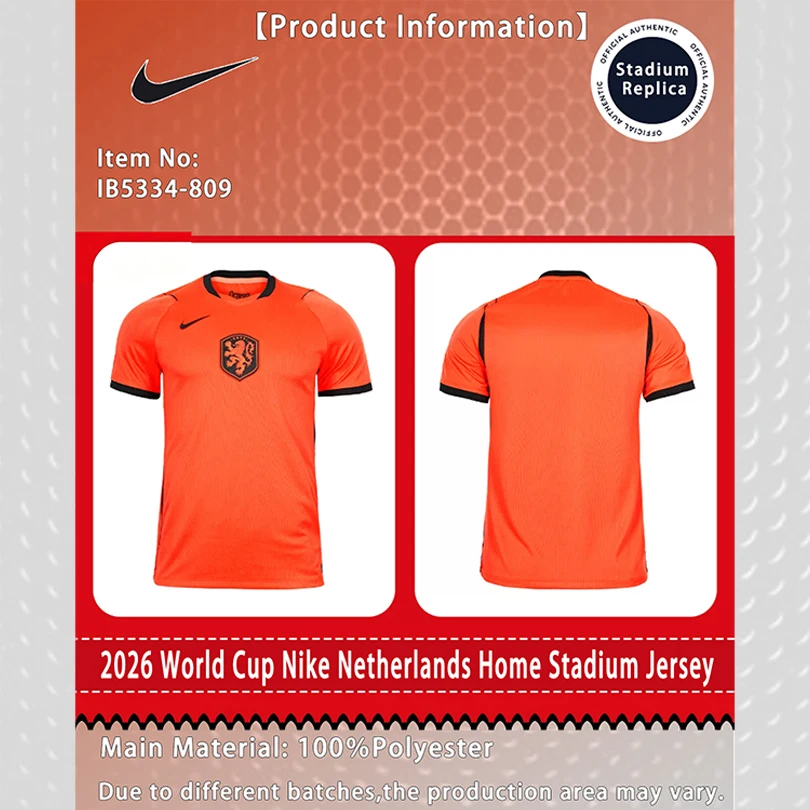 Maillot de football unisexe Nike Dri-FIT Pays-Bas Coupe du Monde 2026 Version Fan Domicile Séchage Rapide Manches Courtes IB5334-809