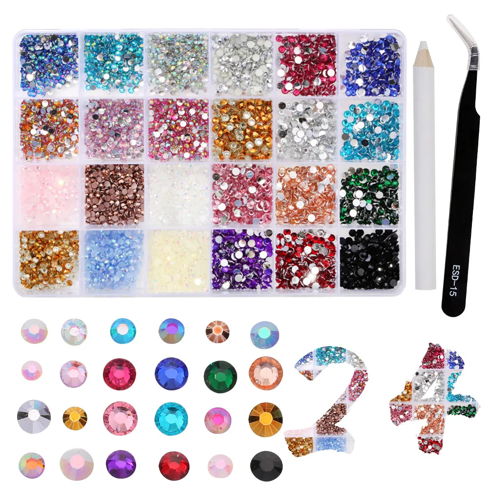 1 Box mit 24 Fächern, 3 mm große, flache Harz-Strasssteine für Tassen, Kleidung, Taschen, Schuhe, Nagelkunst, Handyhüllen-Dekoration
