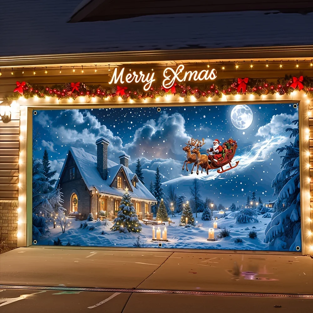 Ein weihnachtliches Garagentor-Banner aus strapazierfähigem Polyester, mit einem Weihnachtsmann als Geschenk zum Verschenken im Nachthimmel Image