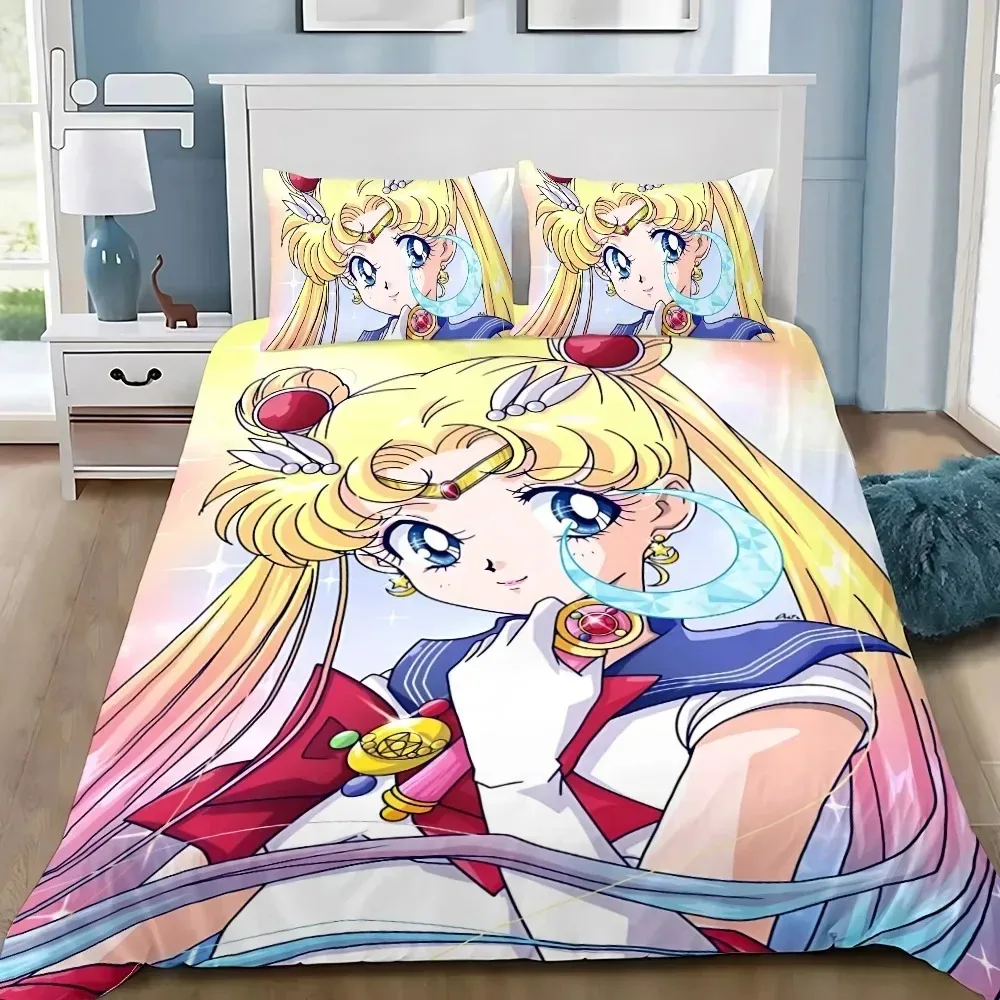 Sailor Moon Anime-Bettwäsche-Set, Bettbezug aus 100 % Mikrofaser, geeignet für Kinder und Erwachsene, 2/3-teiliges Set, Anime-Bettbezug Image