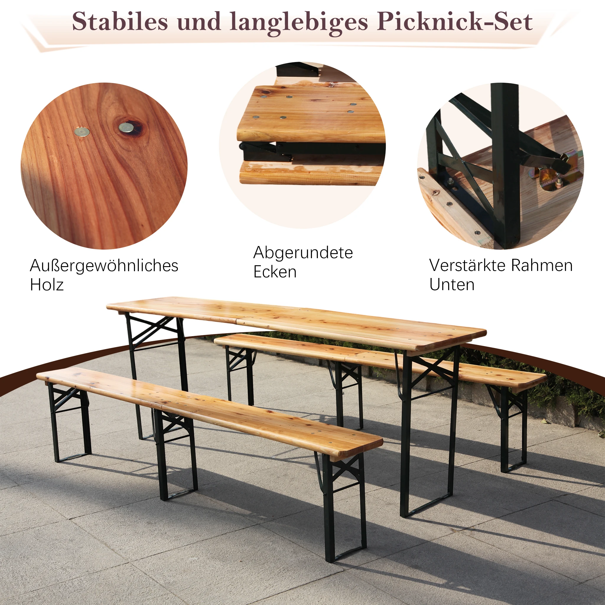 Klappbares Holz-Biertisch-Set mit 2 Bänken, 3-teiliges Wetterfestes Picknick-Tisch-Set für Garten, Terrasse, Balkon und Festivals