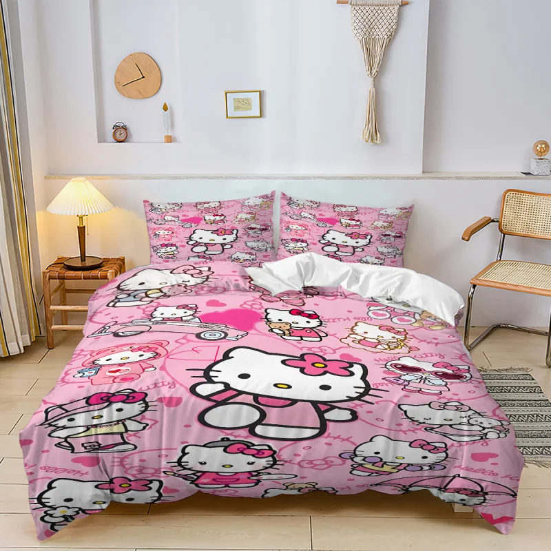 Kawaii Sanrio Hello Kitty bedrucktes Schlafzimmer-Bettwäsche-Set, Bettbezug mit Kissenbezug für Kinder, Teenager, Mädchen, Schlafzimmerdekoration, Queen-Size-Größe