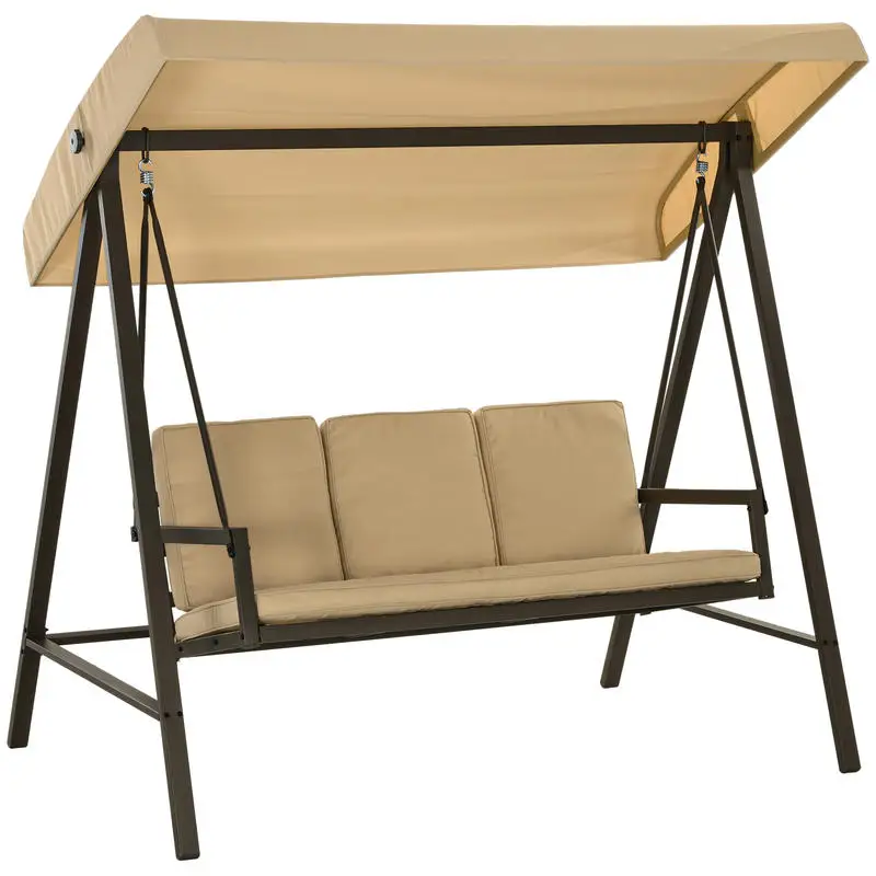 Hollywoodschaukel Gartenschaukel Schaukelbank, verstellbares Sonnendach, 200 cm x 125 cm x 175 cm, Beige + Braun