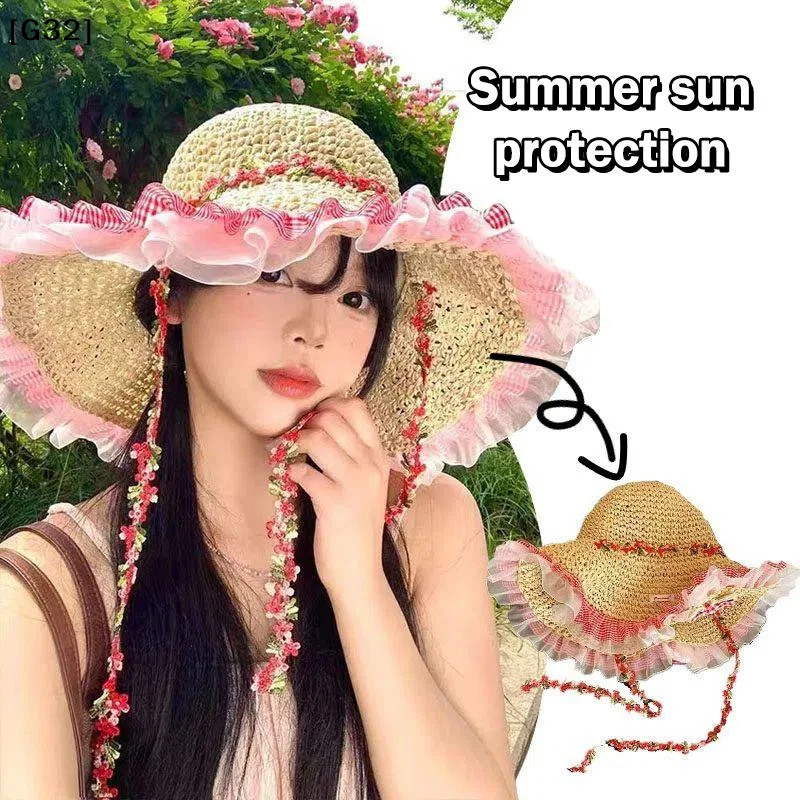 Damen-Strohhut im koreanischen Stil mit Blumenmuster und Schleife, neuer Sommer-Fischer-Sonnenhut mit großer Krempe, Urlaubs- und Strandhut mit kleinem Gesichtsdesign[G32] Image