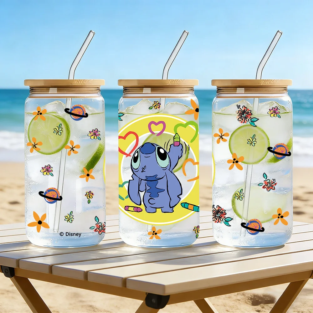 1 Stück 16oz Disney Cartoon Stitch Borosilikatglas-Becher mit Bambusdeckel & Strohhalm, Niedlicher Sommerbecher für Zuhause und Büro Image