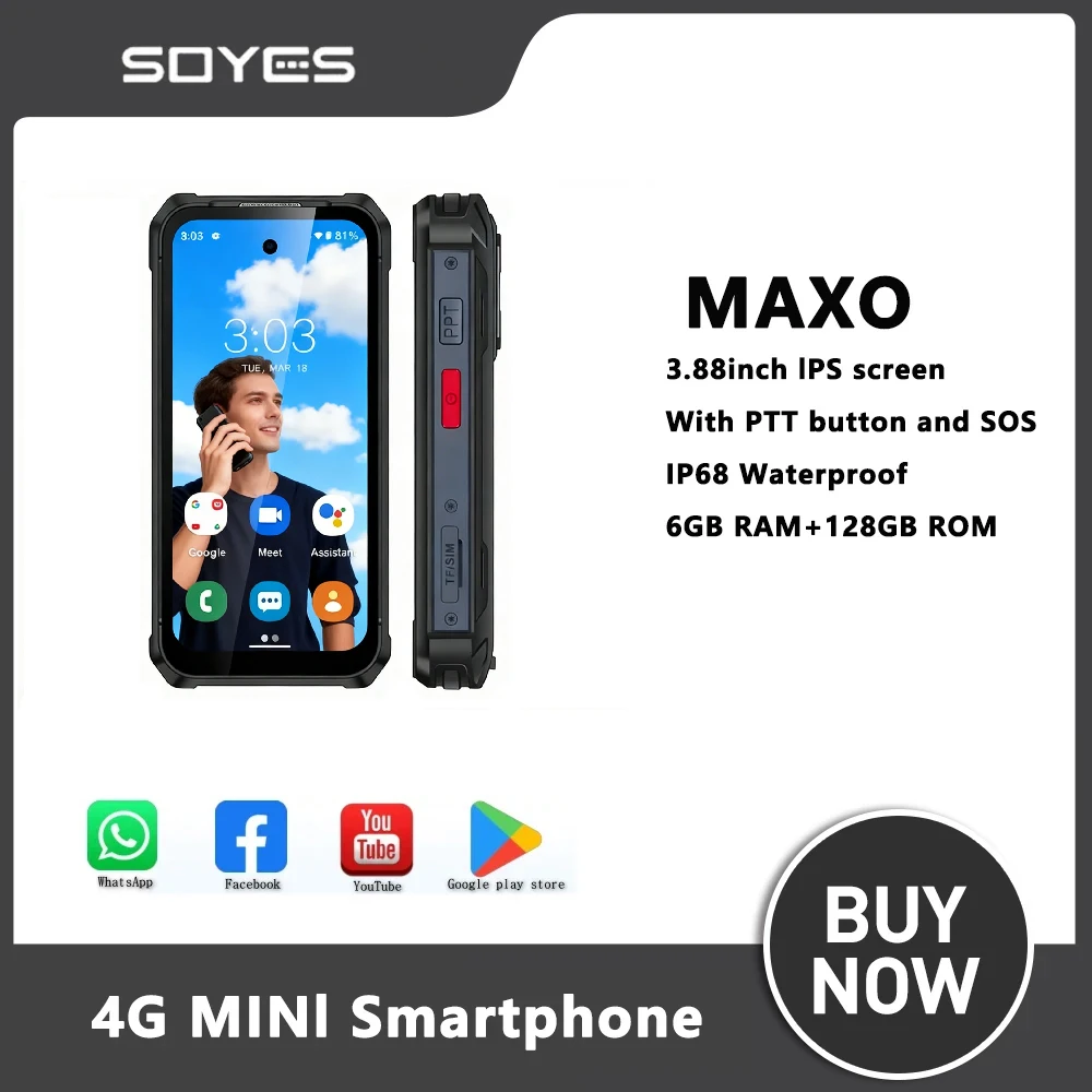 SOYES Robustes Mini-MAXO-Smartphone Android 12 3,88 Zoll 6 GB + 128 GB Dual-Karten 4G kleine Mobiltelefone 3000 mAh Taschenlampen-Handy Image