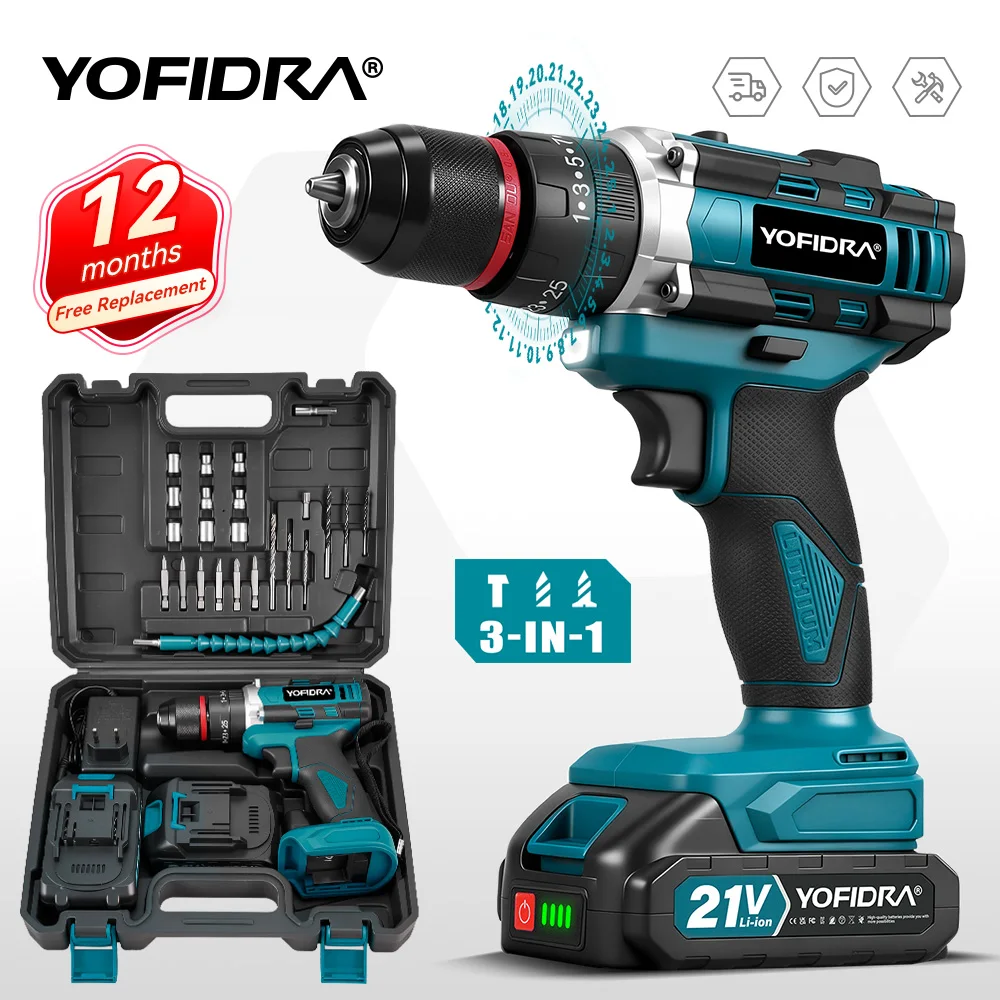 YOFIDRA 3IN1 Cordless Elektrische Schlagbohrmaschine 25 + 3 Drehmoment Handheld Flachbohrmaschine Schraubendreher Elektrowerkzeuge Für Makita 18V Batterie Pin Image